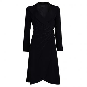 Pre Owned Emporio Armani Black Yarn Embroidered Side Tie Detail Long Blazer S