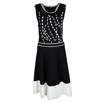 Pre Owned Escada Monochrome Knit Flared Sleeveless Dress L