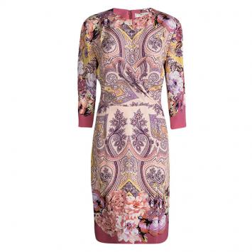 Pre Owned Etro Multicolor Printed Silk Draped Front Faux Wrap Dress L