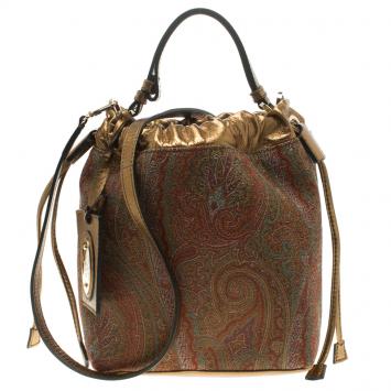 Pre Owned Etro Gold Paisley Printed Fabric and Leather Crossbody Bucket Bag