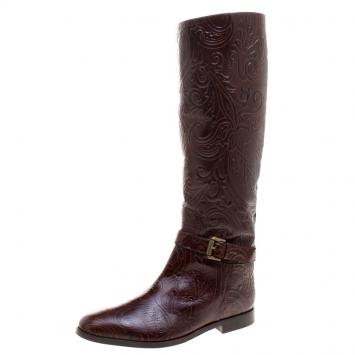 Pre Owned Etro Brown Paisley Embossed Leather Knee High Boots Size 40