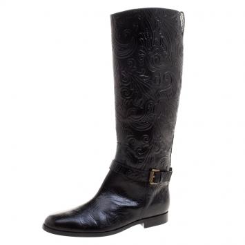 Pre Owned Etro Black Paisley Embossed Leather Knee High Boots Size 40