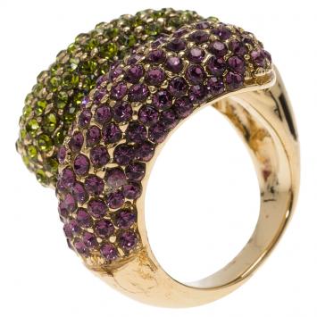 Pre Owned Etro Purple and Green Crystal Gold Tone Ring Size 57