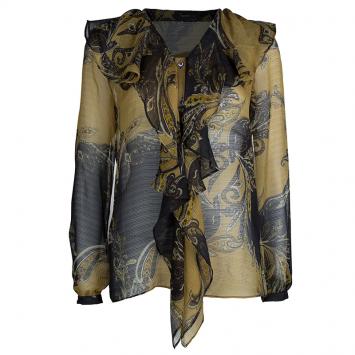 Pre Owned Etro Multicolor Printed Crinkled Silk Chiffon Ruffle Detail Sheer Long Sleeve Blouse M