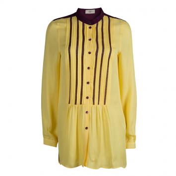 مملوكة مسبقًا Etro Yellow Silk Pintucked Lace Insert Long Sleeve Blouse M