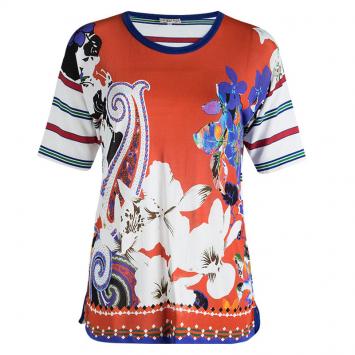 مملوكة مسبقًا Etro Multicolor Floral Printed Short Sleeve Sheer Top M
