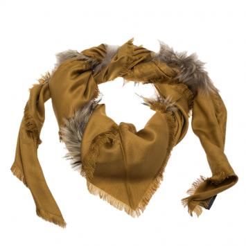 Pre Owned Fendi Brown FF Monogram Silk, Wool & Murmansky Fur Shawl