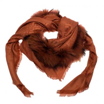 Pre Owned Fendi Brick Orange FF Monogram Silk, Wool & Murmansky Fur Shawl