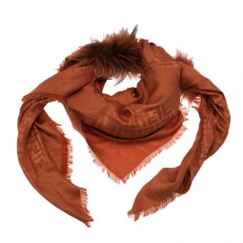 Pre Owned Fendi Brick Orange FF Monogram Silk, Wool & Murmansky Fur Shawl