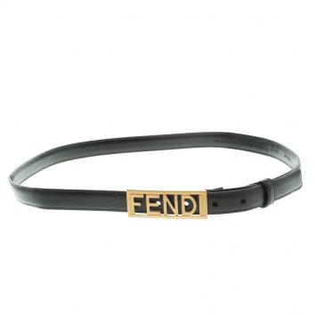 Pre Owned Fendi Black Glazed Leather Logo Buckle Belt 95 CM