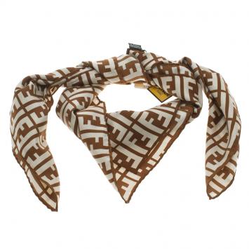 Pre Owned Fendi Brown and Cream Zucca Printed Silk Square Scarf