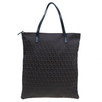Pre Owned Fendi Chocolate Zucchino Canvas Shopper Zip Tote Bag