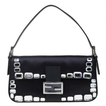 Pre Owned Fendi Black Satin/Leather Crystal Embellishments Baguette Shoulder Bag