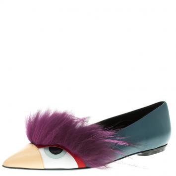 مملوكة مسبقًا Fendi Blue Leather and Fur Monster Bug Pointed Toe Flats Size 38