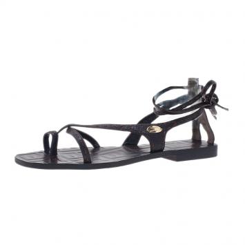 Pre Owned Fendi Brown Zucca Leather Ankle Wrap Flat Sandals Size 38.5