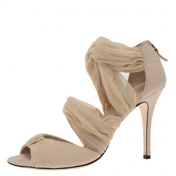 Pre Owned Fendi Beige Suede and Chiffon Back Zip Sandals Size 38