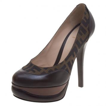 Pre Owned Fendi Brown Leather And Zucca Canvas Platform Pumps Size 40