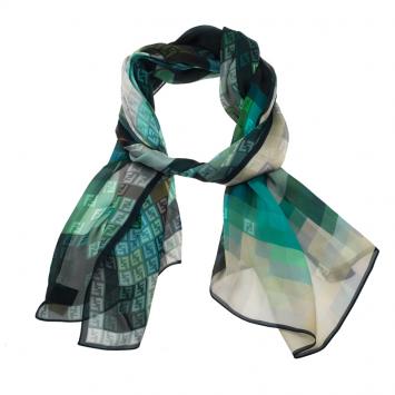 Pre Owned Fendi Monogram Green Zucchino Pixel Silk Scarf