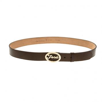 Pre Owned Fendi Brown Leather Oval Plaque Buckle Belt 100 CM