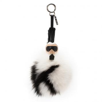 Pre Owned Fendi White/Black Pompom Fox-fur Super Karlito Bag Charm