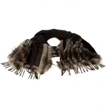 Pre Owned Fendi Brown Cashmere Fur Trim Scarf