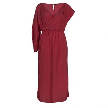 Pre Owned Fendi Red Silk Asymmetric Sleeve Gathered Crossover Dress L