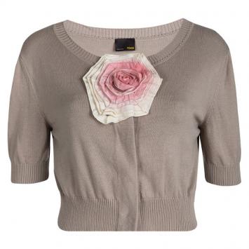 Pre Owned Fendi Beige Floral Applique Detail Short Sleeve Cropped Cardigan M