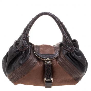 Pre Owned Fendi Brown Textured Leather Spy Hobo