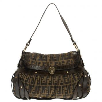 Pre Owned Fendi Tobacco Zucca Canvas Plisse Chef Shoulder Bag