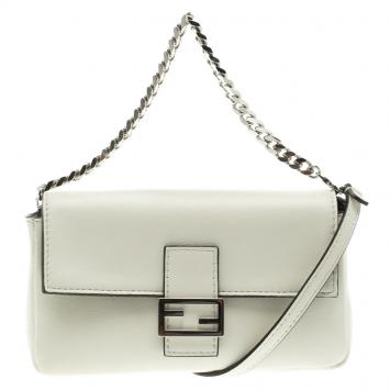 Pre Owned Fendi White Leather Micro Baguette Shoulder Bag