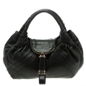 Pre Owned Fendi Black Textured Leather Large Spy Hobo