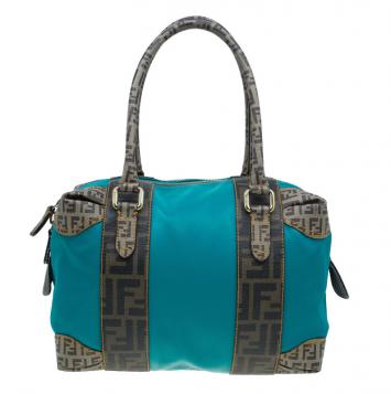مملوكة مسبقًا Fendi Blue Zucca Coated Canvas Mixed Media  Boston Bag