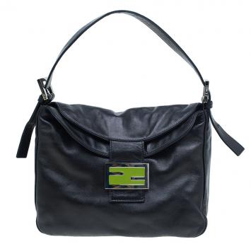 Pre Owned Fendi Black Leather and Green Buckle Small Shoulder bag