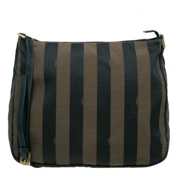 Pre Owned Fendi Black Brown Pequin Canvas Shoulder Bag