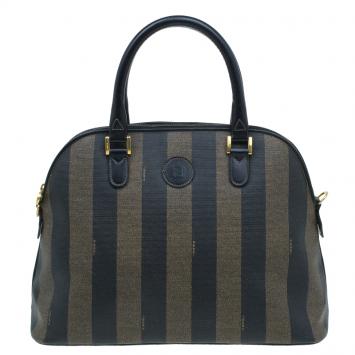 Pre Owned Fendi Black/Brown Canvas Pequin Medium Satchel Bag