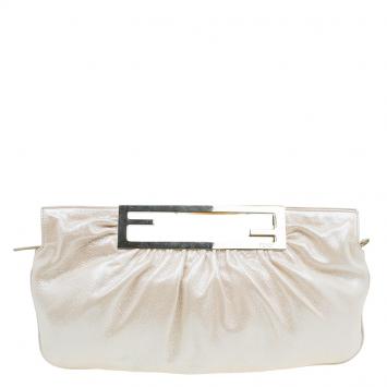 Pre Owned Fendi Metallic Beige Leather Cutout Handle Clutch