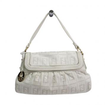 Pre Owned Fendi White Perforated Zucca Print Leather Chef Shoulder Bag