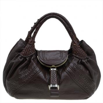Pre Owned Fendi Brown Textured Leather Large Spy Hobo