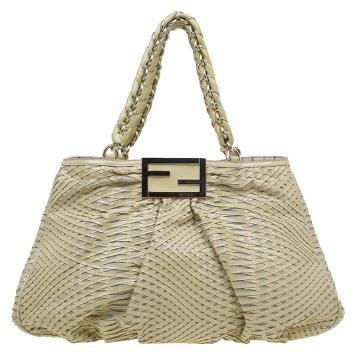 Pre Owned Fendi Cream Woven Patent Leather and Canvas Large Mia Shoulder Bag