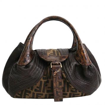 Pre Owned Fendi Tobacco Zucca Canvas and Leather Tortoise Spy Hobo