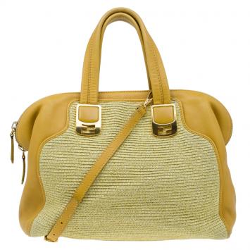 Pre Owned Fendi Tan Leather and Raffia Small Chameleon Satchel