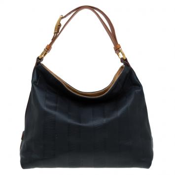 Pre Owned Fendi Black Leather Pequin Tonal Stripe Hobo 