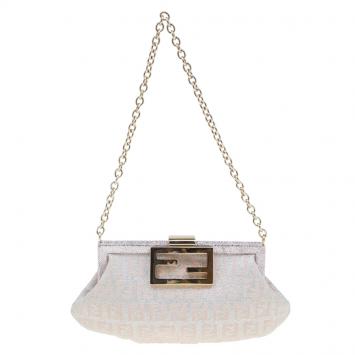 Pre Owned Fendi Metallic Beige/Silver Zucchino Canvas Frame Chain Clutch