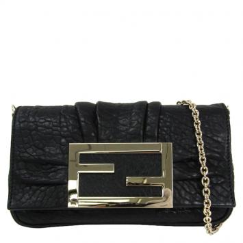 Pre Owned Fendi Black Pebbled Leather Mia Pochette Bag