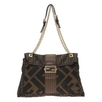 Pre Owned Fendi Tobacco Zucca Canvas Maxi Baguette Shoulder Bag
