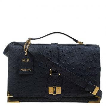 Pre Owned Fendi Black Ostrich Leather Classico No.1 Shoulder Bag