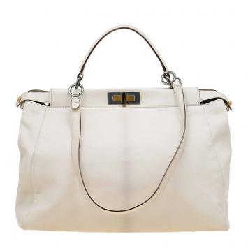 Pre Owned Fendi Beige LeatherLarge Peekaboo Top Handle Bag