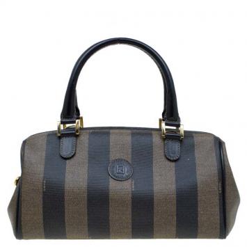 Pre Owned Fendi Tobacco Pequin Striped Coated Canvas Boston Bag