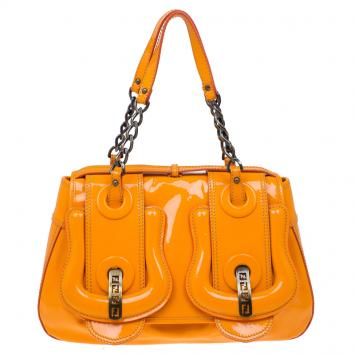 Pre Owned Fendi Orange Patent Leather B Bag