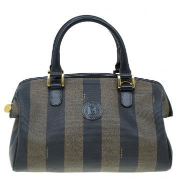 Pre Owned Fendi Tobacco Pequin Striped Coated Canvas Boston Bag